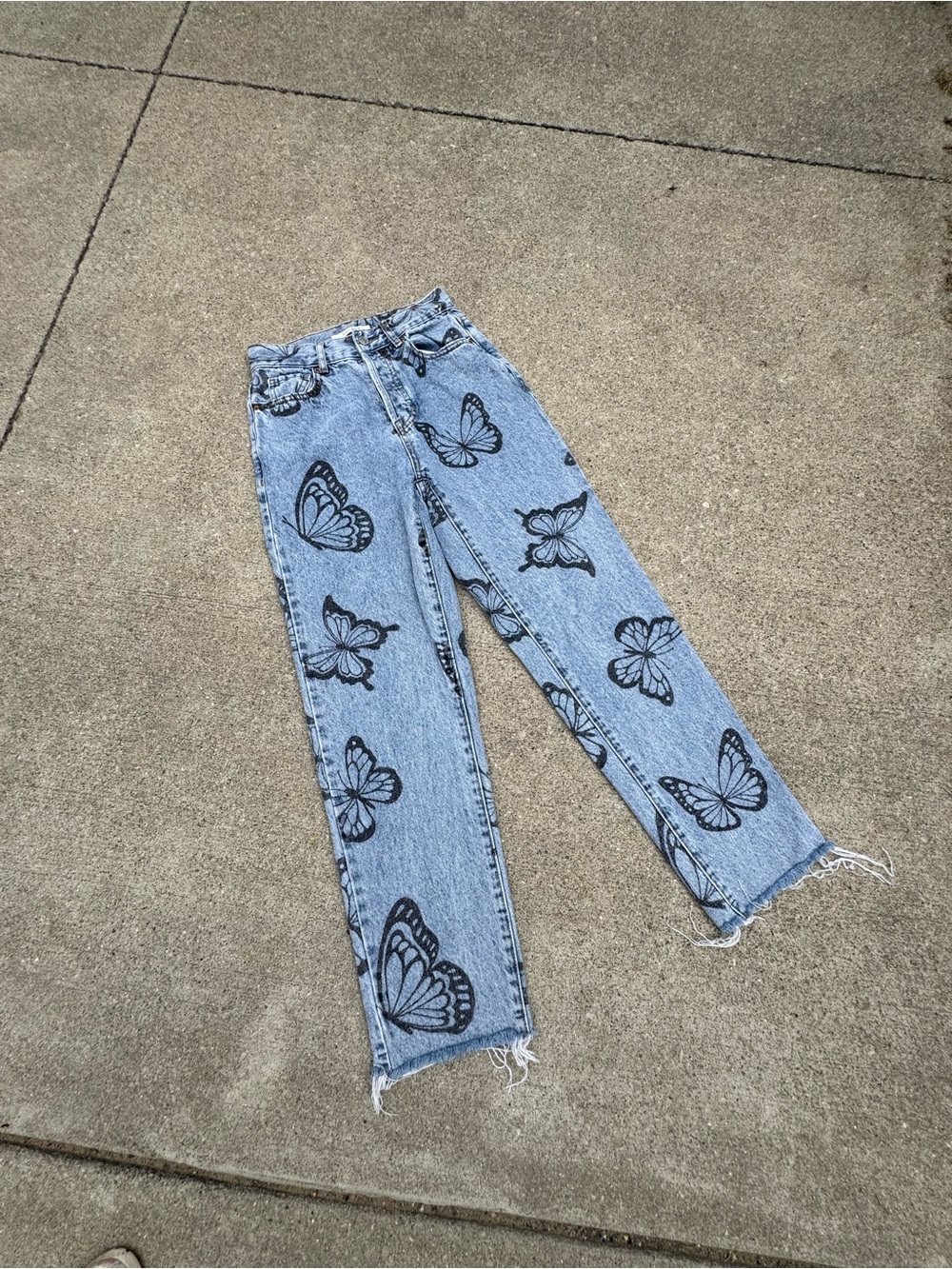 PacSun Light Blue Straight Leg Jeans with Black Butterfly Print